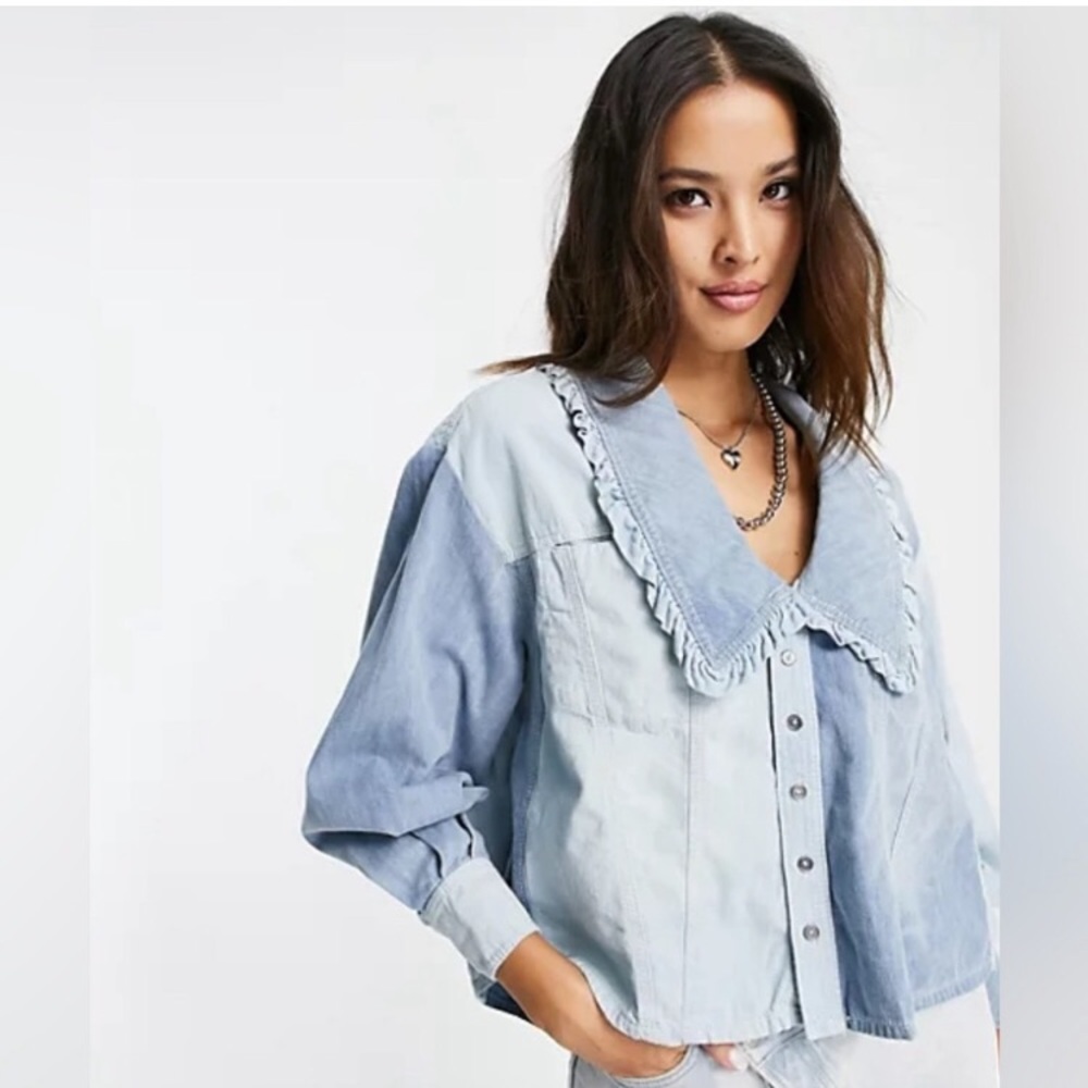 Free People Light Blue Washed Denim Button-Up Blouse
